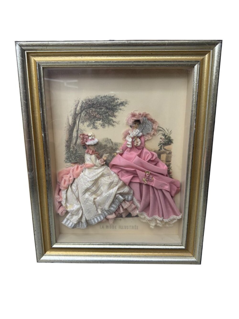 Antique La Mode Illustree Print 3D Shadow Box Pink Ruffle Fabric 12x15 Fashion